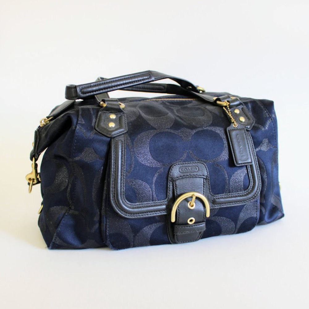 Vintage Y2K Coach Black/Navy Metallic Large Front Flap Carryall Satchel Purse